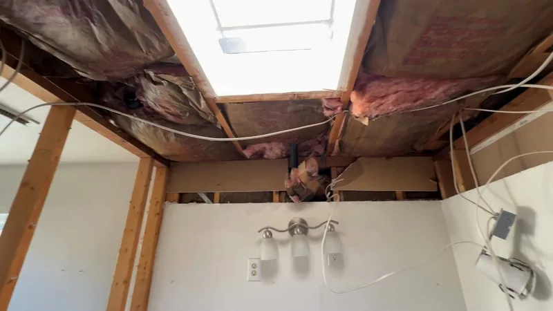 Section of bathroom ceiling cut open to the joists, with pink insulation, wiring and a light fixture below