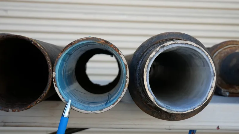 Three short pipe sections side by side, the middle one lined with a smooth blue layer inside, with a blue pen pointing to it