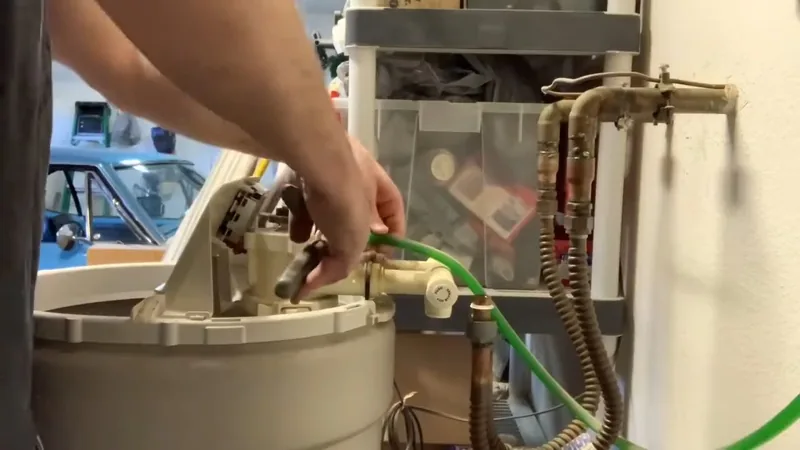 Hand reaching to the valve head on top of a water softener tank, with a green hose and braided supply lines nearby