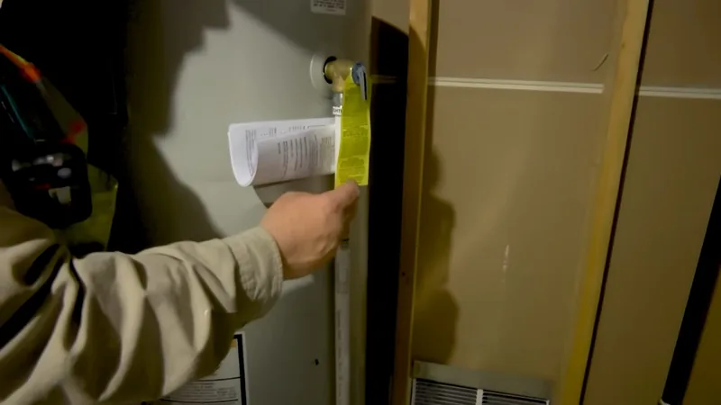 Hand holding a yellow tag and a folded booklet against the relief valve fitting on the side of a tank water heater