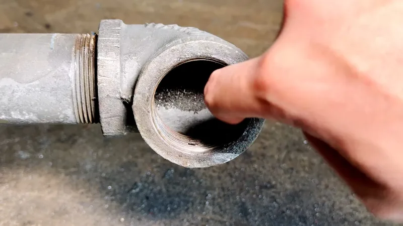 Fingers inside the open threaded end of a gray iron cleanout fitting with debris visible in the opening