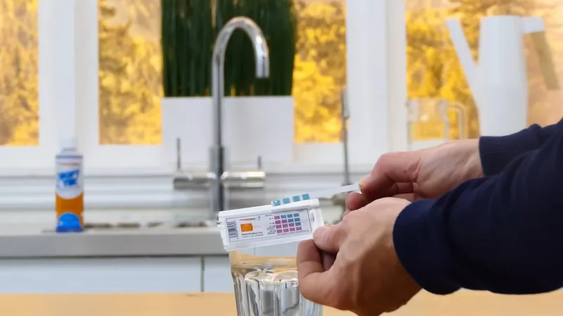 Hands holding a water test strip over a glass of water in front of a kitchen faucet and window
