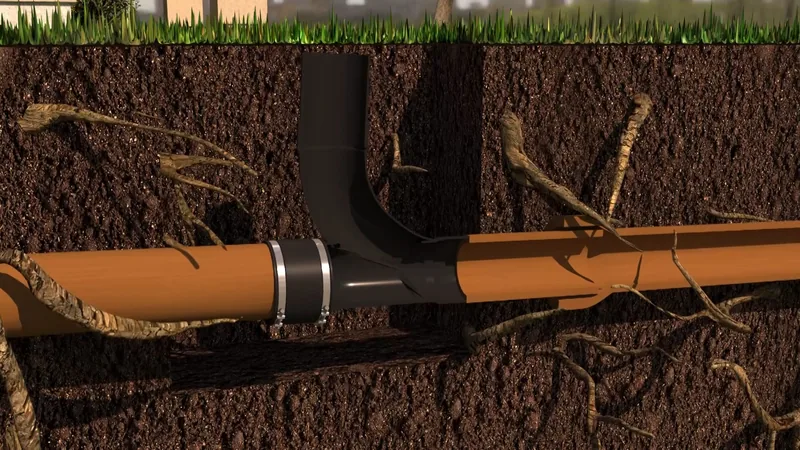 Illustration of a buried orange sewer pipe with a black repair fitting and tree roots winding around the joint