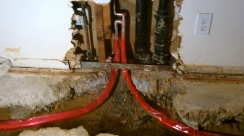 Opened drywall with black drain pipes, copper and red PEX lines dropping into a trench cut in the concrete floor