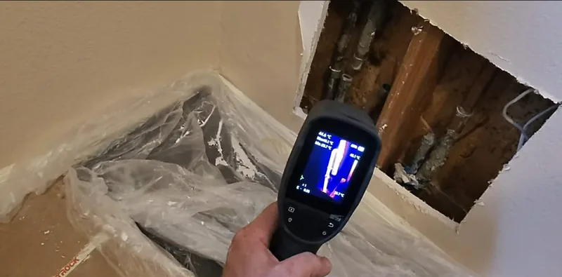 Hand holding a thermal imaging camera toward a wall opening where pipes are exposed