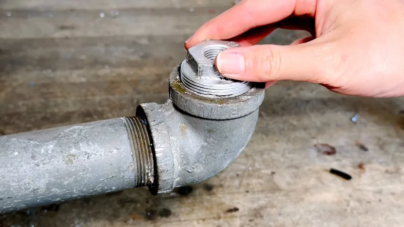 Fingers unscrewing the threaded plug from a gray iron cleanout elbow on a horizontal pipe
