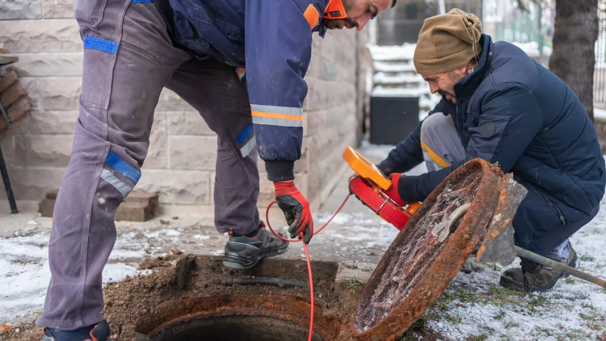 Two workers beside an open ground access with a rusted cover, one guiding a red camera cable from an orange reel