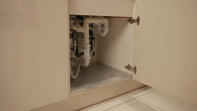Open cabinet door below a sink showing white drain trap pieces and supply lines against the back wall