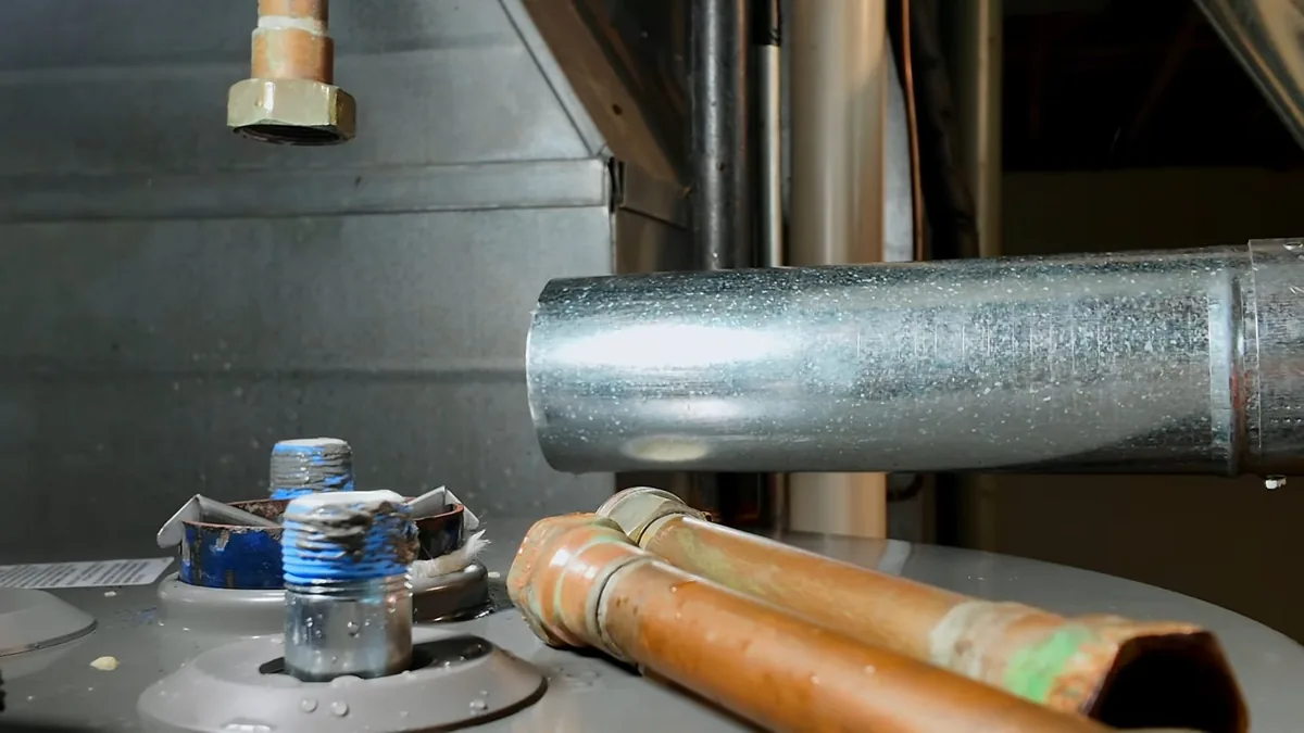 Top of a gray tank water heater with a galvanized vent pipe, brass fittings and copper lines at the connections