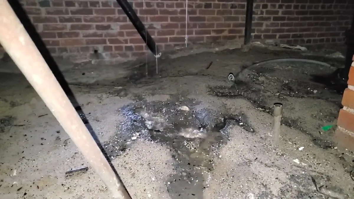Water dripping from a pipe onto a wet, pooled crawl space floor in front of a brick foundation wall