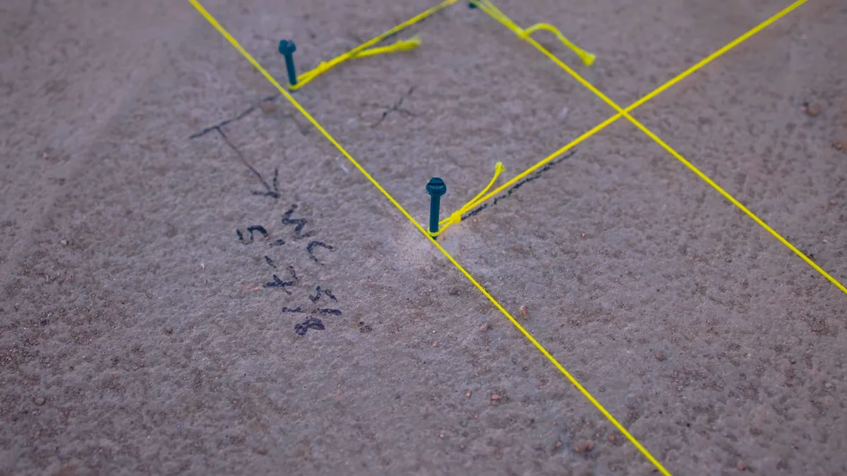 Textured surface crossed by yellow string lines held by teal pins, with handwritten measurements in black marker